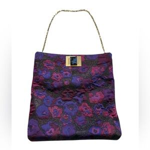 Henri Bendel Purple Tapestry Fold Over Clutch With Gold Chain